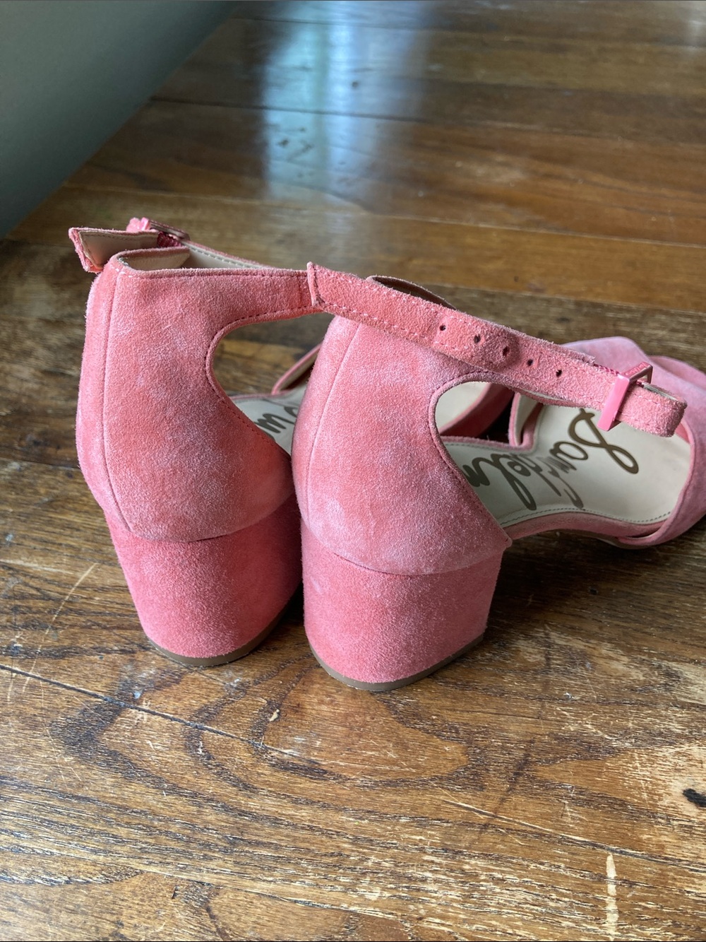 Sam Edelman Coral Pink Suede Ankle-Strap Block Heels - Picture 2 of 4